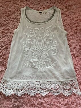 Miss Me Ivory Lace Hem Tank Top Embroidered Boho Crochet Trim Sleeveless Size M